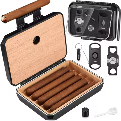 Cigar Humidor Set Travel Humidor for 5 Cigars Includes 2 Cigar Cutters, Cigar Punch,Humidifier, Hygr