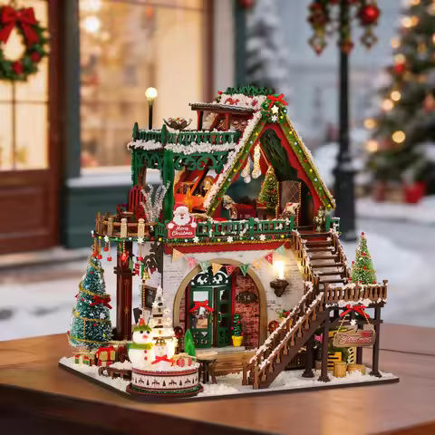DIY Book Nook Kits, 3D Wooden Bookshelf Insert Decorative Bookend Model Kits ，DIY Winter Christmas C