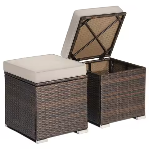 Wicker Outdoor Storage Ottoman, 2-Piece Rattan Footstool w/Removable Cushion, Multipurpose Footrest 