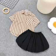 Set Bộ Bigsize Nữ Áo Sơ Mi Tay Ngắn Dáng Lửng Kẻ Sọc Kèm Chân Váy Bí Bồng Có Quần Bảo Hộ - SET( A288