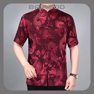 Silk Satin Shirt Plus Size Embroidery Dragon Tang Suit SamFu Short Sleeve Tang Suit Men Clothes Dad 