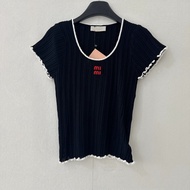 Z4E0 MU Lace Bow T-shirt - Ice Silk Knit - Women's Summer Short Sleeve