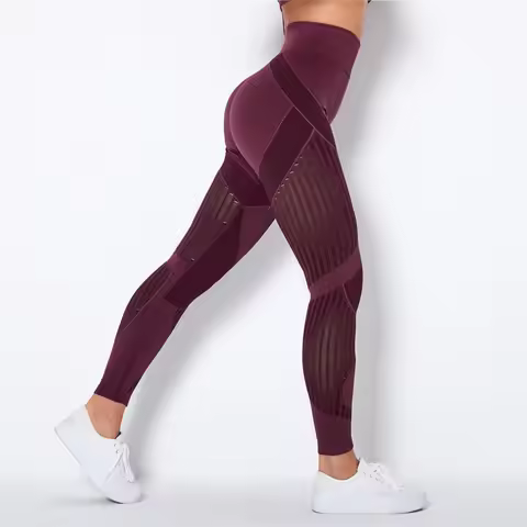 Rooftrellen 20%Spandex Hollow Mesh Leggings Women Seamless Knitted Leggings High Waist Stripe Pants 