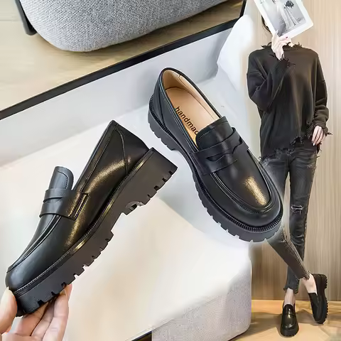 Plus Size 32 33 42 Women Flats Female British Thick-soled College Casual Loafers Genuine Leather Fas