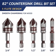 82 Degree 5 Flute Countersink Drill Bit Set Woodworking Chamfer Tool