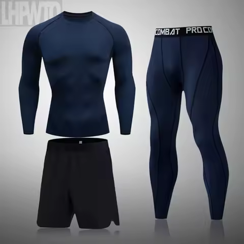 New Men's Running T-Shirt + Bottom Shorts 3 pc Sport Suit gym Wear Second Long Underwear Skin Therma