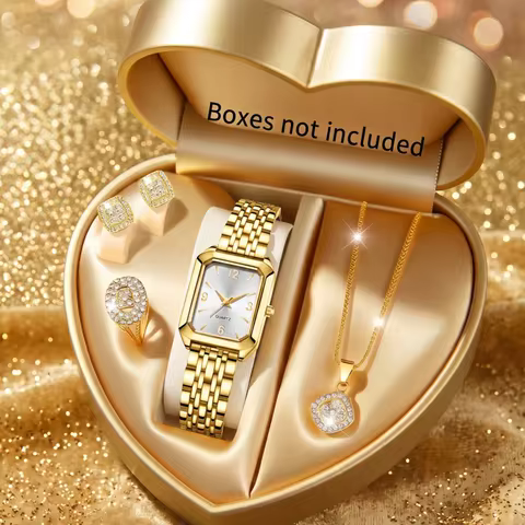 5Pcs/Set Unisex Jewelry Watches Women's Wristwatch Accessories Gold Fashion Business Elegant Trendy 