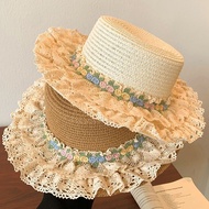 French Lolita Lolita Lace Straw Hat Women Summer Flat Top Hat Sun Hat Seaside Beach Hat AI