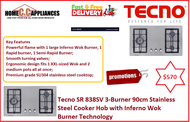 TECNO SR838SV Tecno 3-Burner 90cm Stainless Steel Cooker Hob with Inferno Wok Burner Technology / FREE EXPRESS DELIVERY