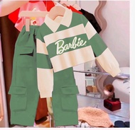 Setelan Baju Anak Perempuan Cargo Strip Salur Motif Barbie 1-12 Tahun One Set Cargo Anak Perempuan K