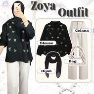 One Set for Teenagers (Ribbon Blouse, Knit Pants, Bella Square, Drawstring Bag) Cool Hangout Suit AS