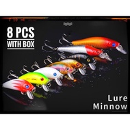 🇲🇾 8 pcs Minnow lure with box/gewang/Umpan Tiruan/ casting lure/ultralight lure/ hard bait / sebarau