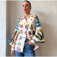 Casual Womens Print Shirt Lantern Sleeve Single Breasted Turn-down Collar Female Shirts Fashion Cart