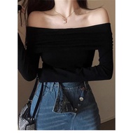BB Long-Sleeved Off-Shoulder T-Shirt Short Form Slim Fit Extremely Basic Soft Thai Ribbed Fabric - B