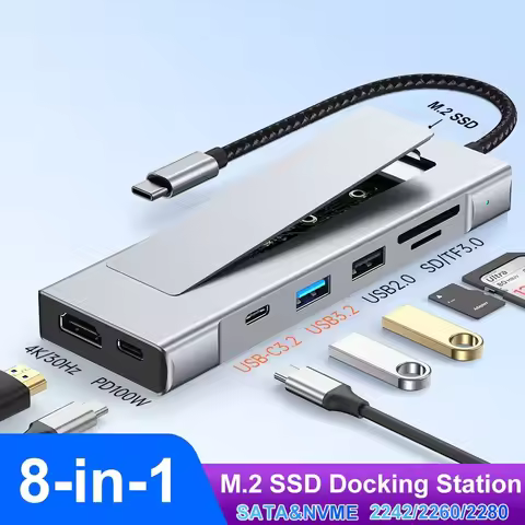 8-in-1 USB Hub M.2 NVMe SATA SSD Enclosure Storage USB3.2 Type-c to HDMI-Compatible Laptop Dock Stat