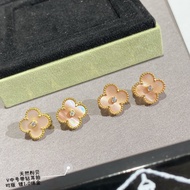 【Best quality】vca 18K Gold Natural Powder Shell with Diamond Four-leaf Clover Women's Stud earrings