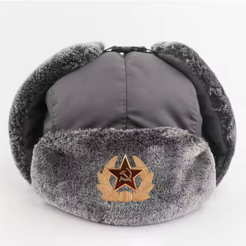 USSR Soviet Russian Ushanka Hat with Badge Windproof Waterproof Winter Warm Thick Ear Flaps for Men