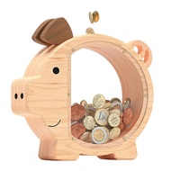 Wooden Piggy Bank Cute Pig Shape Coin Bank Savings Box Reusable Piggy Money Box with Clear Windows f