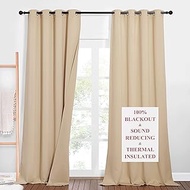 NICETOWN Thermal Insulated 100% Blackout Curtains, Noise Reducing Performance Drapes with Felt Fabric Liner, Full Light Blocking Panels for Patio (Biscotti Beige, 1 Pair, 52 inches x 90 inches)