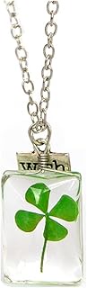 Dried Leaves Lucky 4-Leaf Clover Sunflower Pendant Necklace St. Patrick's Day Square round Glass Lov