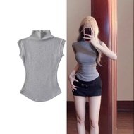 Women Half High Neck Tight Shoulder Tight Short Short Sleeve T-Shirt