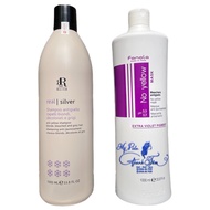 Combo of anti-yellowing purple shampoo and purple conditioner for bleached hair care Fanola No Yello