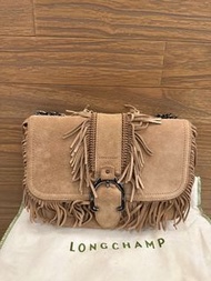 全新 Longchamp 麂皮包 Amazon 麂皮奶茶色波希米亞流蘇 肩背包 側背包