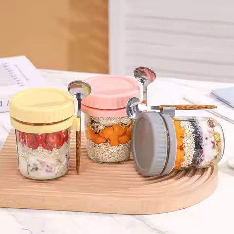 350ml Overnight Oats Jars Measurement Marks With Spoon Sealed Jar Reusable Glass Oatmeal Container