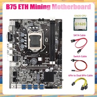 (KUEV) B75 ETH Mining Motherboard 8XPCIE to USB+G1620 CPU+6Pin to Dual 8Pin Cable+SATA Cable+Switch Cable LGA1155 B75 Mainboard