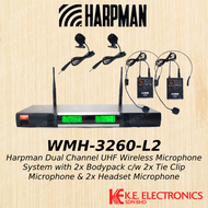 Harpman H-3260B Dual Channel Wireless Microphone System with 2x Bodypack c/w 2x Tie Clip Microphone &amp; Headset Microphone