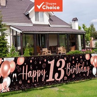 13th Girl Birthday Decoration – Black Rose Gold Foil Balloon & Happy Banner Set
