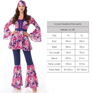 ชุดจัมพ์สูทฮิปปี้สำหรับผู้หญิงวินเทจ60S 70S ชุดเดรสงานปาร์ตี้ฮาโลวีนพร้อมที่คาดผมสำหรับเทศกาลเพลงดิส