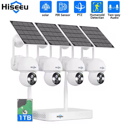 Hiseeu 4MP WiFi PTZ Solar IP Camera Security System Kit Night Vision Human Detection P2P Two-Way Aud