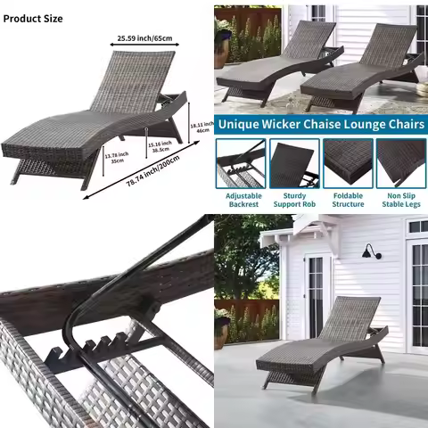 79-Inch Long Reclining Chaise Lounge Chair, Wicker Outdoor Furniture, PE Rattan for Poolside, Garden