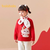 Balabala เสื้อกันหนาวเด็กผู้หญิงสีแดงเสื้อกันหนาวเด็กผู้หญิง2024เด็กฤดูใบไม้ผลิใหม่เสื้อถักมังกร