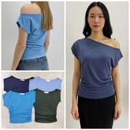 Batwing shirt, dipped waist, off shoulder, silk elastic