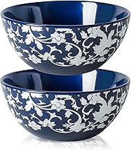 Large Salad Bowls for Eating, Ceramic Serving Bowls Set of 2, 42oz White and Blue Bowls for Snack, S