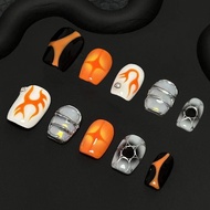 Orange Color Cyber Short Handmade Wearing Nails Hand-Painted Dark Manicure