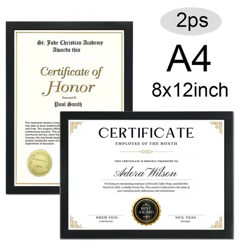 2PC 8x12inch Black Certificates Photos frame A4 21x29.7CM Wood Picture Poster Frame Can Out and Hang