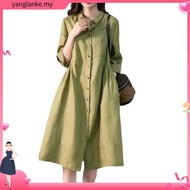 LAHSTORE straight linen dress with rolled-up sleeves and flared waist DS30 (Green)