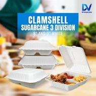 Clamshell Sugarcane 3-Division Food Container (8” and 9”) 10pcs, 20pcs