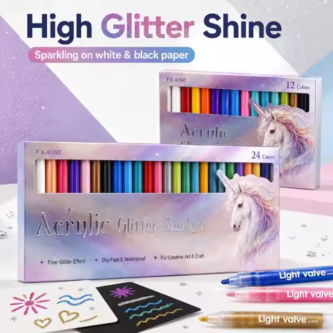 24 Colors Glitter Acrylic Markers Set, Flash Shine Drawing Pens for Kids Art Painting, DIY Greeting 