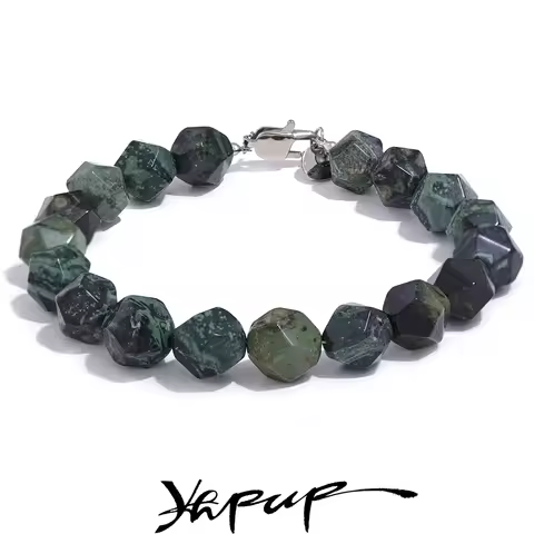 Yhpup 8# 10# Natural Malachite Cub Stone Beads Chain Handmade Bracelet Bangle Stainless Steel Men Wo