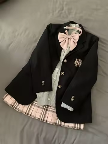Spring JK Style School Uniform Design Woman Suit Preppy Blazer Plaid Skirt Vintage Korean Style Fema