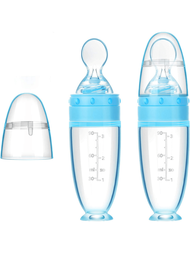 嬰兒副食品餵食器套裝,包括一個擠壓米糊瓶,一把餵食勺和一個餵食工具