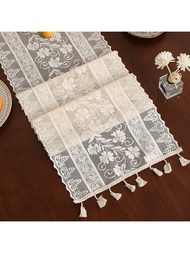 1個長方形針織流蘇桌旗花邊桌布,美國復古風格的家飾品,適用於餐桌,鞋櫃,側櫃,書架,茶几等