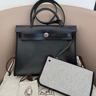 Hermes/愛馬仕 Herbag31手提包肩背包斜挎包 黑色防水布拼色帆布 銀扣