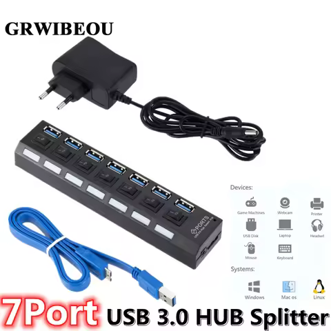 GRWIBEOU USB 3.0 Hub USB Hub 3.0 Use Power Adapter Multi USB Splitter 7 Port Multiple 3 Hab Expander