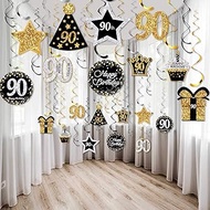 30 Pieces 90th Birthday Party Decorations, 90th Birthday Party Decorative Cards and Hanging Swirls C