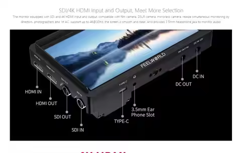 FEELWORLD FW568S 6" 3G-SDI 4K HDMI Monitor 1920x1080 450nit IPS 3D LUT F970 External Power DC Out 8V